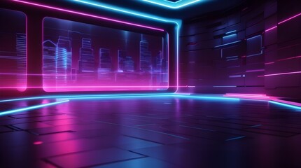 3D technology abstract neon light background, cyberfuturistic sci-fi background, empty space scene, spotlight, gloomy night, virtual reality, and street floor studio for mock up