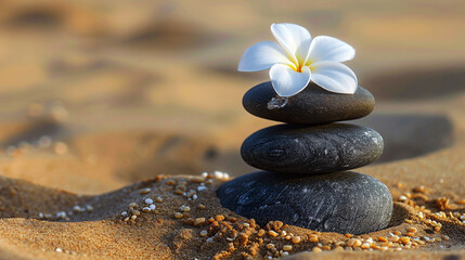 Stack of zen stones with white flower on sand. Harmony