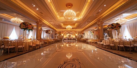 A lavish wedding reception in a grand ballroom adorned with flowers and elegant decor.