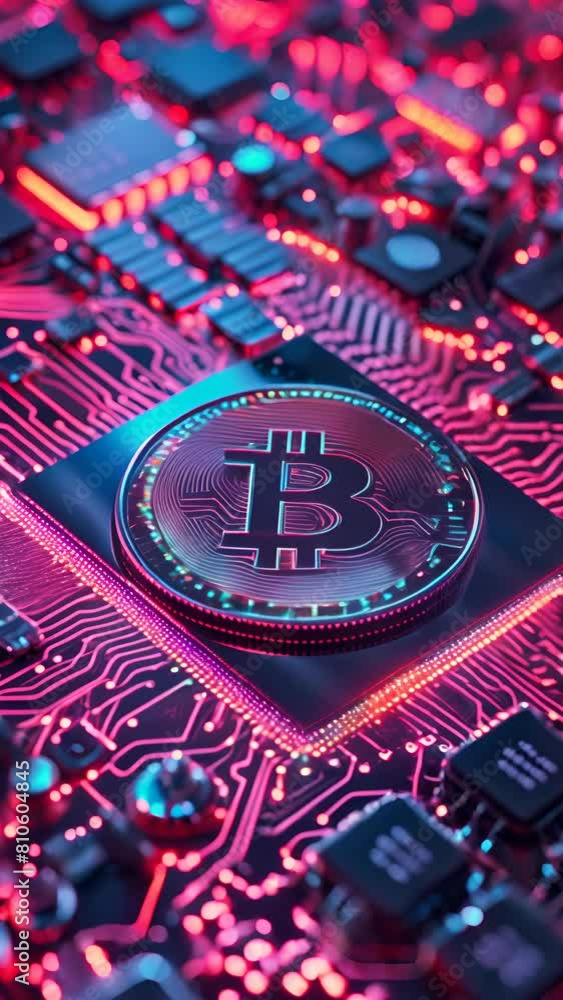 Poster a computer chip with a coin on it that says b. the image is in a bright, neon color scheme. vertical