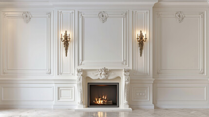 Ornamental wall sconces framing a grand fireplace, viewed from the front against a white backdrop,...