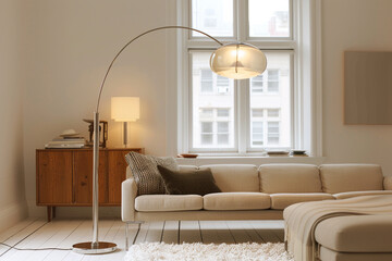 Scandinavian style living room lit by a beige glass and polished nickel lamp.