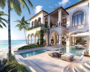 A lavish beachfront villa with a private beach access and opulent outdoor living spaces.
