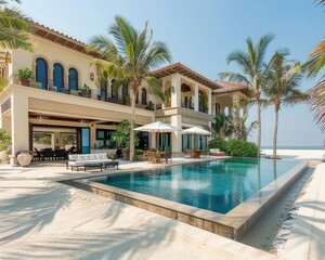 A lavish beachfront villa with a private beach access and opulent outdoor living spaces.