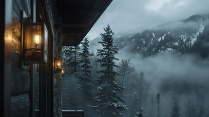 Peer through mist to see a mountain lodge with industrial-style outdoor wall sconces, offering...