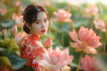 a beautiful Vietnamese woman in Ao dai costume posing beside lotuses flowers