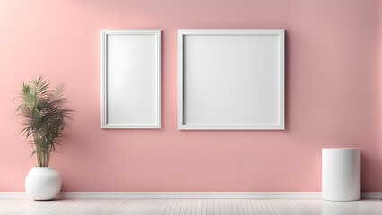 a pink room with two empty picture frames