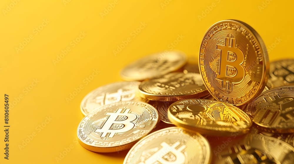 Poster shimmering gold bitcoin coins piled creatively on vibrant yellow surface - conceptual representation