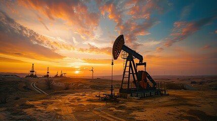 Naklejka premium Oil and gas technology. Pumpjacks On Sunrise. Silhouette of oil pump jack on rig. Oil drilling company growth. Financial and commodity markets. oil and gas industry, technology, oil and gas.