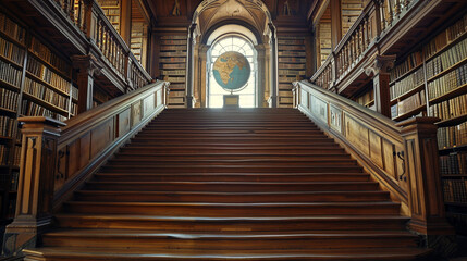 Library staircase grandly set with thousands of books and a prominent globe.
