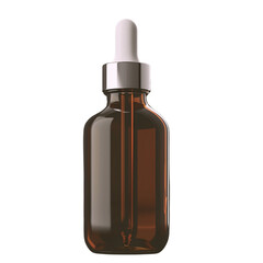 A mockup brown glass dropper bottle with a white metal cap 