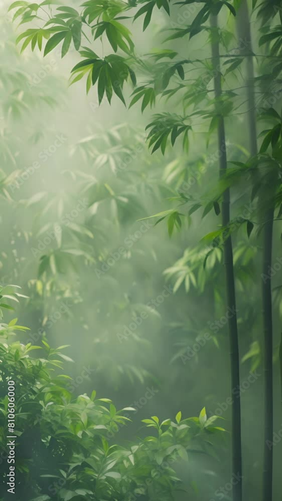 Poster a lush green forest with a misty atmosphere. the trees are tall and leafy, creating a serene and pea