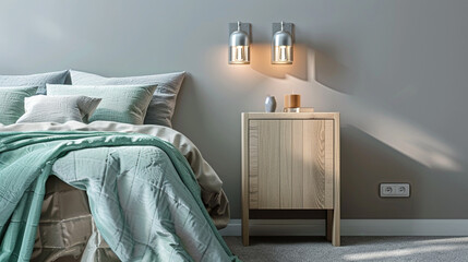 Tranquil modern bedroom with silver wall sconces, oak wood bedside cabinet, and seafoam green...