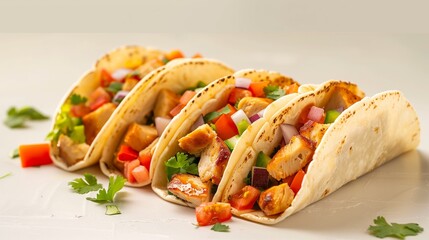 Delicious Tacos with Grilled Chicken and Fresh Vegetables Garnished with Herbs
