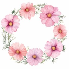 cosmos themed frame or border for photos and text. delicate pink and white. watercolor illustration, Floral wedding invitation template.