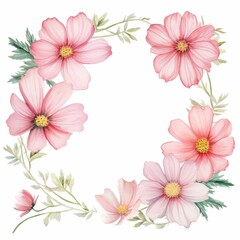 Fototapeta premium cosmos themed frame or border for photos and text. delicate pink and white. watercolor illustration, Floral wedding invitation template.