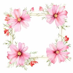 cosmos themed frame or border for photos and text. delicate pink and white. watercolor illustration, Floral wedding invitation template.