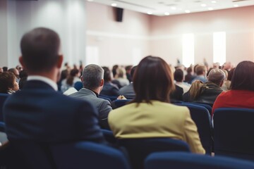 Fototapeta premium Stylish business conference with audience in the hall and speaker, view from behind crowd of people sitting together during presentation or educational talk for company employees. Generative ai