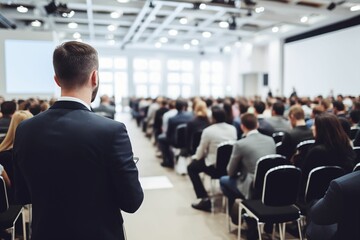 Stylish business conference with audience in the hall and speaker, view from behind crowd of people sitting together during presentation or educational talk for company employees. Generative ai