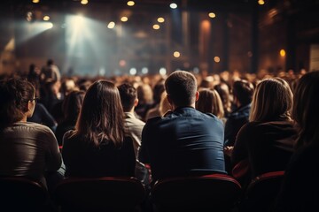 Stylish business conference with audience in the hall and speaker, view from behind crowd of people sitting together during presentation or educational talk for company employees. Generative ai