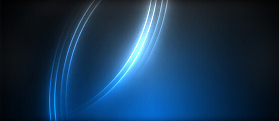 Electric blue light creates a mesmerizing pattern on a black background, resembling a vibrant circle with a lens flare effect. The graphics resemble liquid art with a unique font