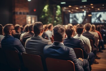 Stylish business conference with audience in the hall and speaker, view from behind crowd of people sitting together during presentation or educational talk for company employees. Generative ai