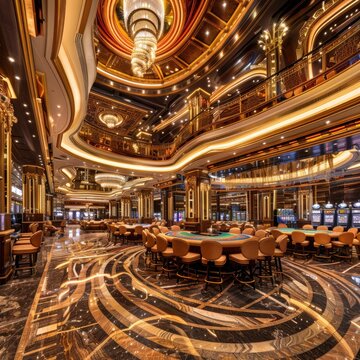A grand casino floor with glitzy lights and upscale gaming tables, a playground for high rollers.