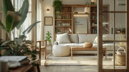 Wooden Elegance: Cozy 3D Interior Mockup with Modern Flair
