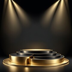 Gold black podium background 3D golden product line stage dark platform wave display. Design podium black luxury gold light scene pedestal presentation showcase event beauty shine object cosmetic