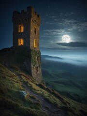 Obraz premium Crumbling Tower Stands in Tranquil Moonlit Scene at Night