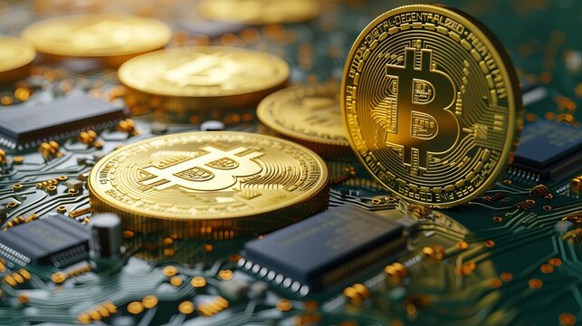 Illuminated golden bitcoin symbol on electronic circuit board - A visual metaphor for cryptocurrency technology and digital finance - Powered by Adobe