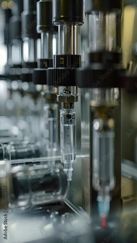 Poster a series of syringes are being filled with a clear liquid. the syringes are lined up in a row, with 