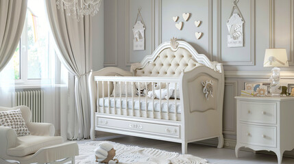 Stylish baby bed in interior of childrens room
