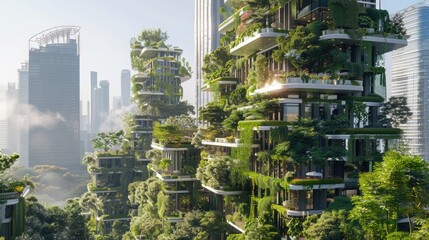 A futuristic cityscape with green rooftops and vertical gardens, envisioning sustainable urban development.