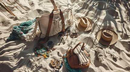 Stylish bag and different accessories on sand