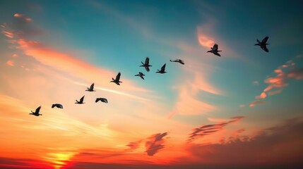 A flock of migratory birds flying in formation across a vivid sunset sky, showcasing the beauty of seasonal journeys.