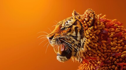 A fierce tiger formed using dried mango and peanuts against a fiery orange background.
