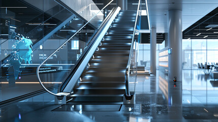 Modern gadgets line the reflective staircase in a tech-focused open-plan office.
