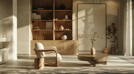 Natural Harmony: 3D Mockup of Modern Wooden Interior