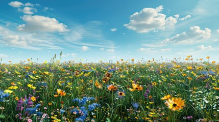 A field of vibrant wildflowers stretching towards a distant horizon under a clear blue sky.