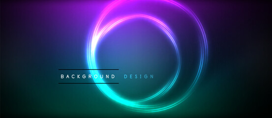 Vibrant purple, magenta, and electric blue neon circles create a mesmerizing visual effect lighting up the dark sky. The font is artistic and resembles gas art in violet hues