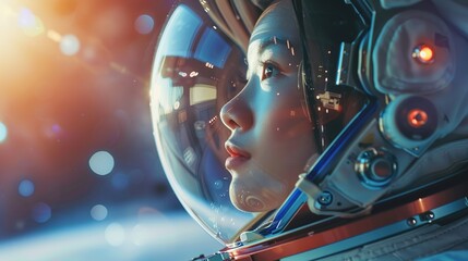 Asian female astronaut looking away through space helmet on a sunny day