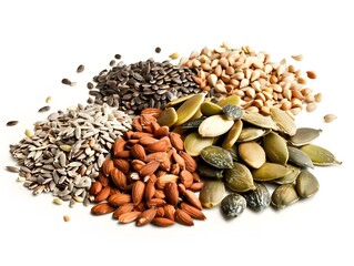 Obraz premium Assortment of Nutritious Seeds and Nuts on White Background