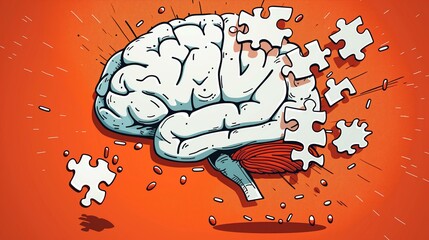 Illustration of Human Brain Composed of White Puzzle Pieces on Orange Background