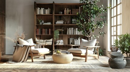 Wooden Elegance: Cozy 3D Interior Mockup with Modern Flair