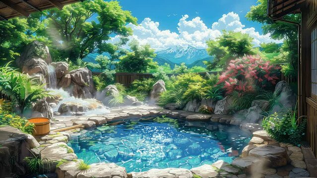 Animation natural hot spring in green forest. seamless 4k video looping background. generated with ai