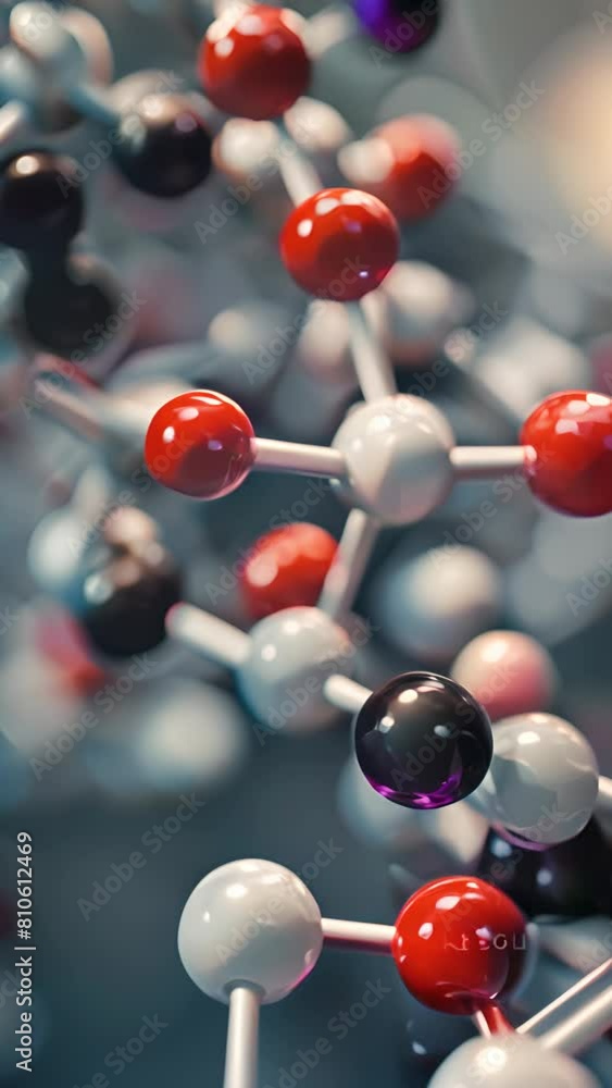 Poster a close up of a molecule with red and white spheres. concept of complexity and intricacy, as the mol