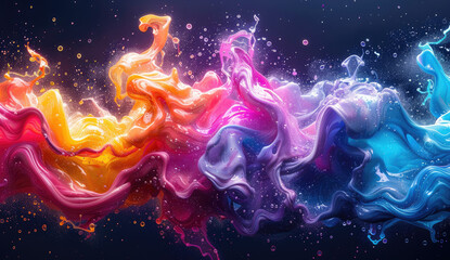 Abstract colorful liquid explosion on a dark background, a dynamic splash of paint creating vivid shapes and textures in the style of various artists. Created with Ai