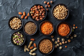 Assorted Legumes and Nuts in Black Bowls on Dark Slate Background, Healthy Eating Concept
