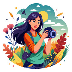 Beautiful Girl photographer with camera colorful watercolor illustration